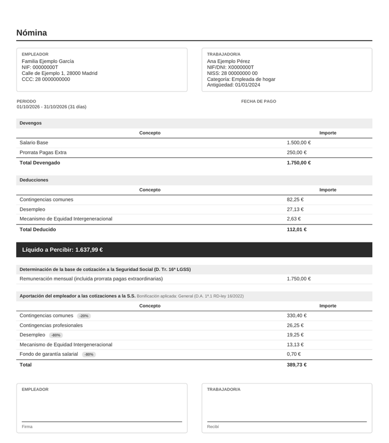 Ejemplo de nómina de empleada de hogar en PDF generada con la calculadora